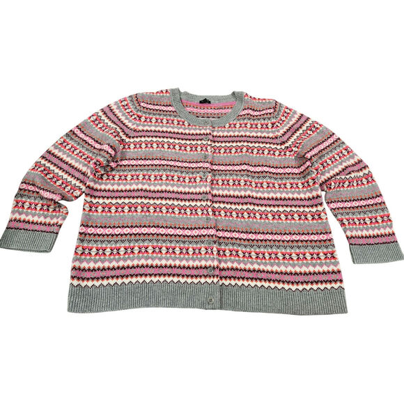 NWOT Talbots Fair Isle Cardigan Sweater 3X Wool 3Xp Gray Pink Ski White Stripe - Picture 1 of 6